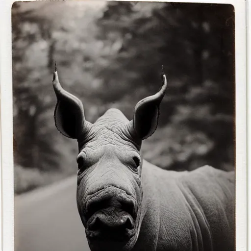 Image similar to poloroid photography of a red rhino in new york,