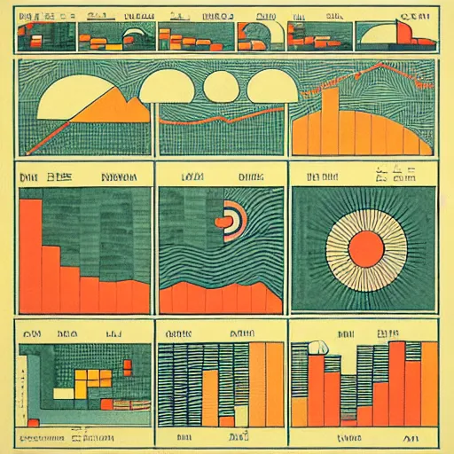 Image similar to isometric urban dashboard with time series charts, pie plots and other modern graphics, with small creatures swimming on it. monografia by diego rivera ( ukiyo - e influence )