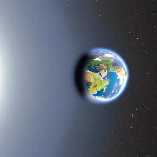 Prompt: landscape image : earth seen from space looking into a mirror reflecting a sphere resembling a black hole.