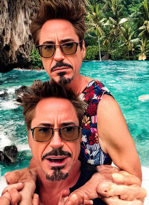 Image similar to a full portrait photo of robert downey jr holiday in bali, f / 2 2, 3 5 mm, 2 7 0 0 k, lighting, perfect faces, award winning photography.