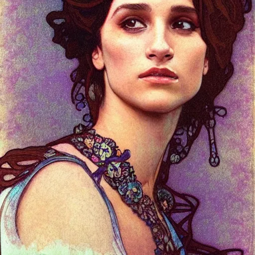 Prompt: alicia vikander portrait by louis - theophile hingre and alphonse mucha, realistic, sharp focus, zodiac signs, tarot cards, planets, ethereal, art nouveau, magic, moon, sun, crown, dreamy, royal, jewellery