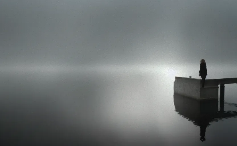 Prompt: low angle camera lens is just above the water surface of a lake, scene from a film directed by charlie kaufman ( 2 0 0 1 ), foggy volumetric light morning, extremely moody, cinematic, anamorphic lens wide angle