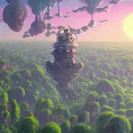 Image similar to future city covered by forest creature, flying, culture, smooth, howl's moving castle, by studio ghibli, 4 k