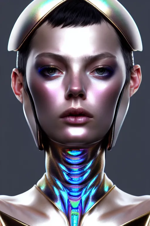 Image similar to hyperdetailed closeup portrait of a stunningly beautiful french girl androgynous made of iridescent metals, smoke, inspired by helmet newton, ross tran and wlop and masamune shirow and kuvshinov, concept art, intricate, photorealistic, octane render, rtx, hdr, unreal engine, dnd digital art by artgerm fine face