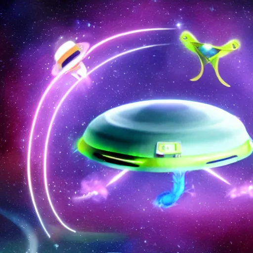 Prompt: yipyips flying a ufo through space