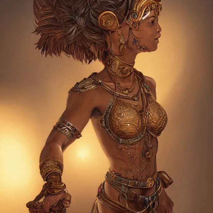 Image similar to a short haired genie, female, young, brown hair, brown skin, abs, emerging from her lamp, confident and smiling, insanely detailed and intricate, hypermaximalist, elegant, ornate, hyper realistic, super detailed, Art Deco, cinematic, trending on artstation, magic the gathering artwork, centered