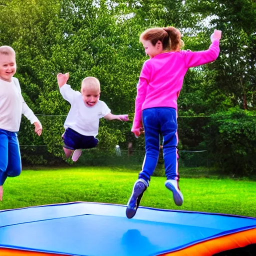 Image similar to children jumping on a trampoline, hyper realistic, amazing, natural lighting