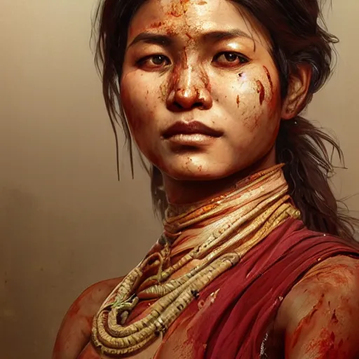 Image similar to portrait painting of a bloodied nepali female butcher wearing sari, ultra realistic, concept art, intricate details, eerie, highly detailed, photorealistic, octane render, 8 k, unreal engine. art by artgerm and greg rutkowski and alphonse mucha