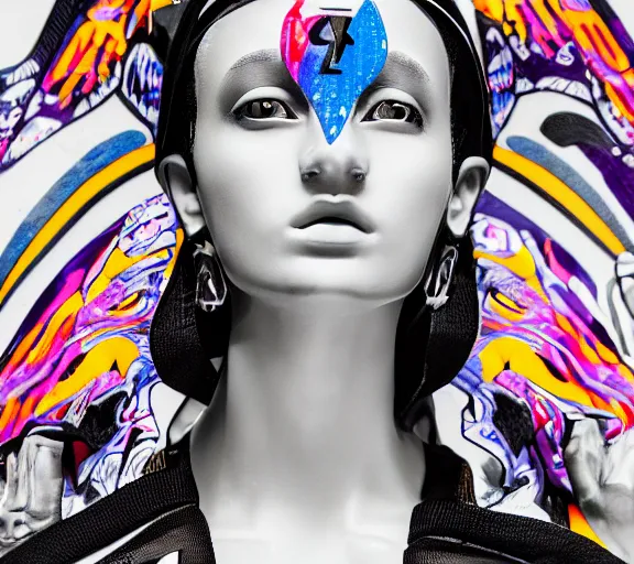 Image similar to black marble statue of a beautiful woman with colorful motocross logos in the style of virgil abloh, very very beautiful, detailed, off white, heron preston, 8 k, 4 k, detailed, beautiful, symmetrical, vogue, editorial, fashion, magazine, model