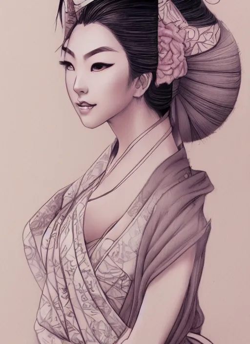 Image similar to a detailed hand drawn sketch of a stunning geisha princess, muted colors, artgerm, NeoArtCorE, artstation