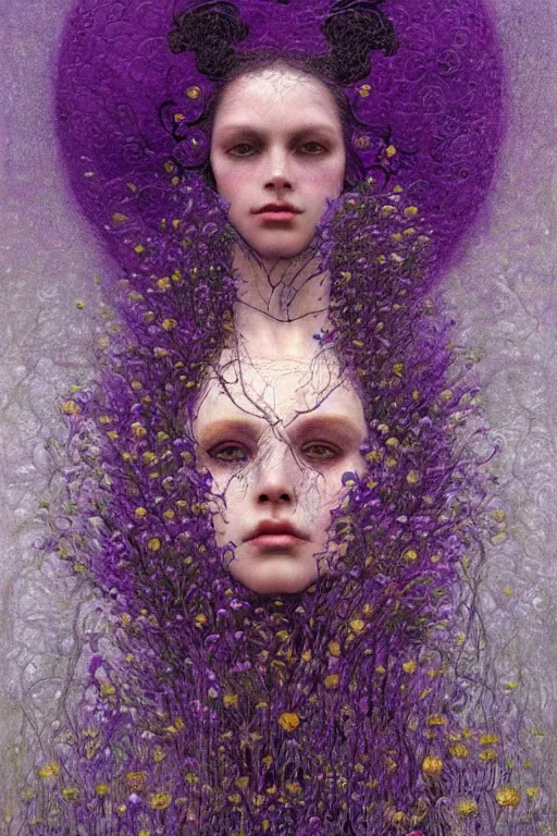 Image similar to portrait of beautiful gothic young mainem, thunderstorm, cyber armor, a lot of scars, more and more flowers, purple head, the middle ages, highly detailed, artstation, illustration, art by jean delville, 8 k quality, art by greg gandy and dragan bibin, gustav klimt