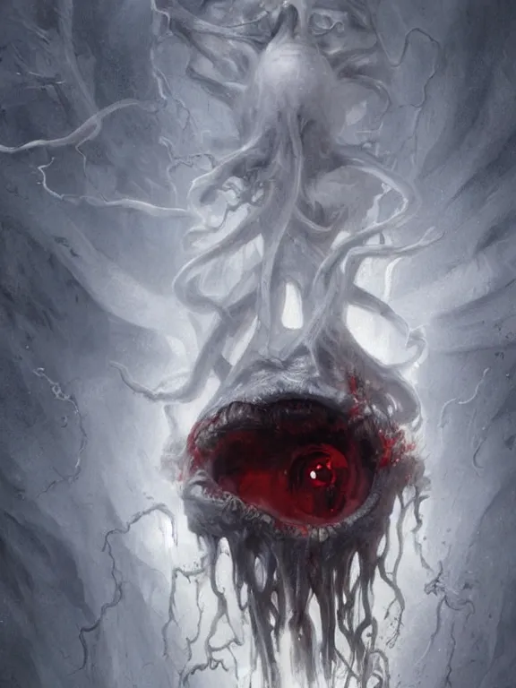 Image similar to painting by greg rutkowski of a flying sorrowful looking human head with tears running down it's eyes, face that is chalk white in color, with long sprawling white tentacles stemming down it's neck, fiery scorching red eyes, flying in a terrying hellish dark cavernous place