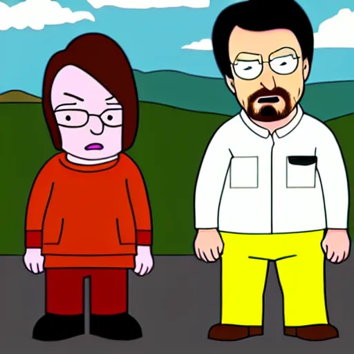 Image similar to Walter White and Jesse Pinkman in the style of Family Guy, cartoon