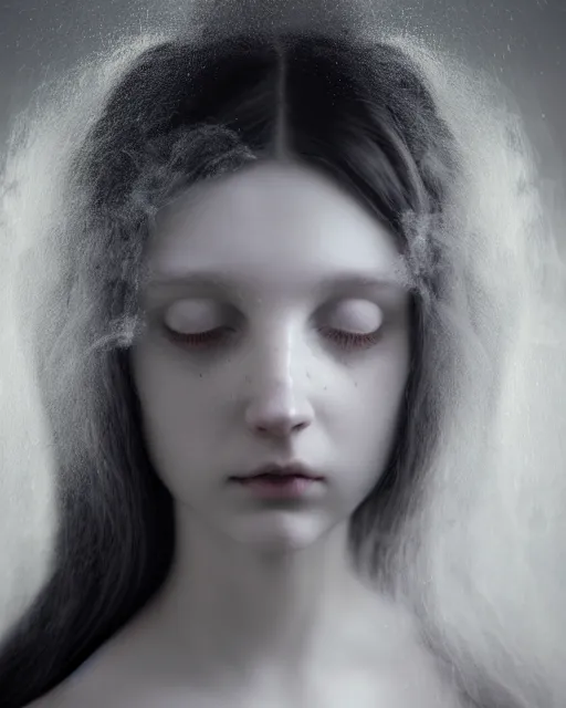 Image similar to monochrome, soft, dreamy, subsurface scattering, white, young beautiful goddess in cosmos with very long white hair floating in air, fluid smoke art, black and white, octane render, dino valls, mark ryden, joe fenton, michal karcz, highly detailed, rim light, art, cinematic lighting, very coherent, hyper realism, 8 k