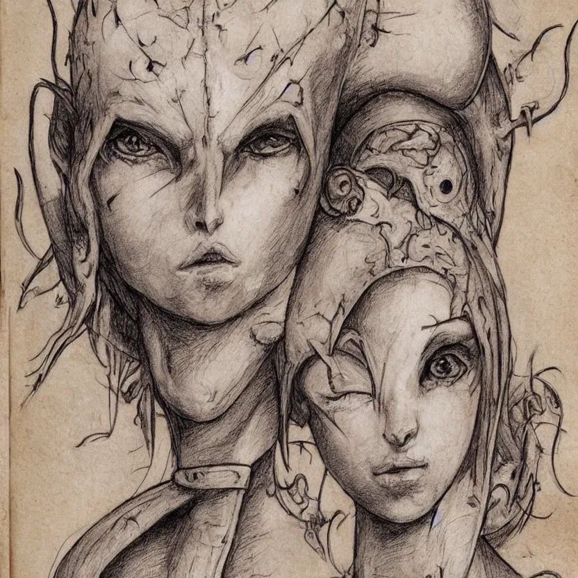 Prompt: fantasy, symmetrical beautiful human face, front view, female humanoid creature, plant armour, wide intricate horned head piece covering forehead, button nose, full lips, muscular, large cute anime eyes, stylised, torso and head, bust, diagram, sketchbook, greys anatomy book, on old distressed parchment paper, watercolour, by brian froud and boichi