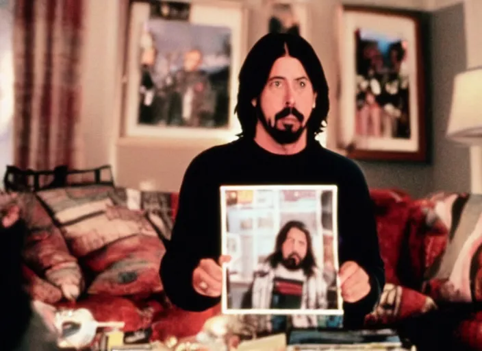 Prompt: polaroid movie still of dave grohl in the movie home alone
