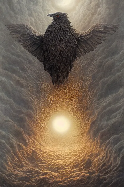 Image similar to Intricate stunning highly detailed raven by agostino arrivabene and Vladimir Kush, surreal sculpture, ultra realistic, Horror, dramatic lighting, full moon, blood moon, thick black swirling particle smoke tornado, fire embers, trending on artstation