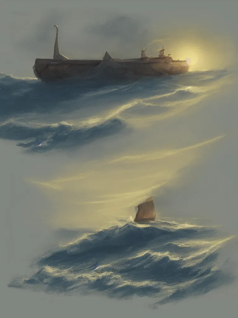 Prompt: lone ship in the ocean at night by disney concept artists, sketches, godly light, blunt borders, golden ratio