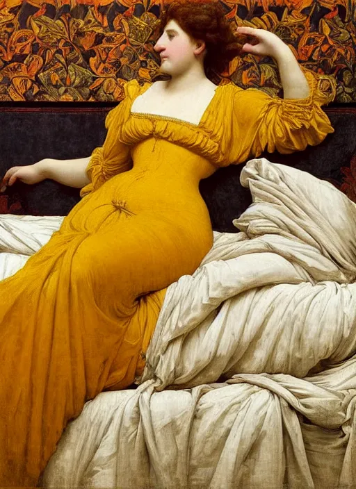 Prompt: masterpiece portrait of lady reclining on spilling flowing bed wearing yellow ochre ornate medieval dress, vertical, foreshortening, colour photography by frederic leighton, william morris, 8 k