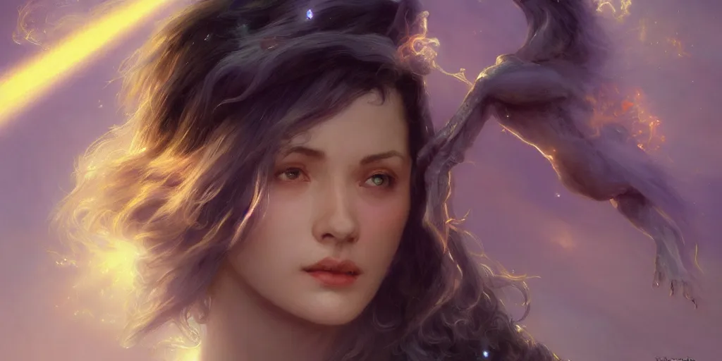 Image similar to one female wizard with lavender skin with blazing trails of light, nge, dark fantasy, three quarter profile face closeup, intricate, highly detailed, digital painting, volumetric light, artstation, concept art, smooth, sharp focus, illustration, art by gil elvgren and greg rutkowski and luis royo, and alphonse mucha, 8 k