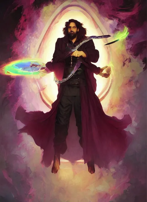 Image similar to character concept portrait of an attractive young bored Spanish wizard with magenta skin conjuring an fireball spell, a floating iridescent spell book in the center, intricate, elegant, digital painting, concept art, smooth, sharp focus, illustration, from Metal Gear, by Ruan Jia and Mandy Jurgens and William-Adolphe Bouguereau, Artgerm