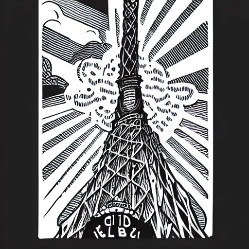 Image similar to mcbess illustration of a giant cat monster attacking tokyo tower