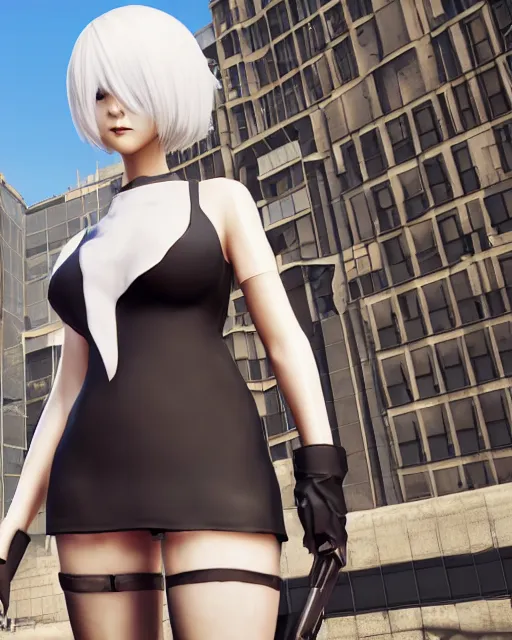 Prompt: 2B from Nier Automata and with slender body type standing in front of a large building holding a pistol, GTA 5 loading screen cover, cartoon illustration, 8k