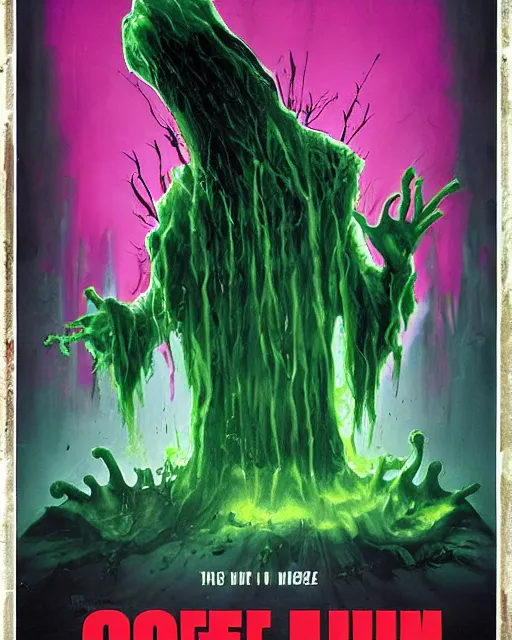 Image similar to a horror movie poster for the ooze, a being of green ghostly viscous slime making its way through abandoned midnight suburban streets, inevitable doom, concept art, goosebumbs novel cover, wisp lights, rhads,