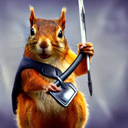 Image similar to a squirrel with thor outfit ~ holding the hammer ~ photorealistic ~ dramatic thunder background ~ trending ~