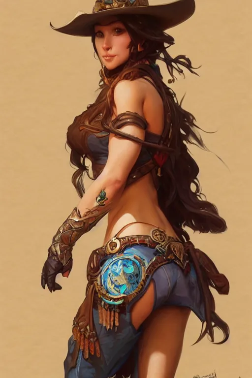 Prompt: beautiful female cowgirl, full body shot, d & d, fantasy, intricate, elegant, highly detailed, digital painting, artstation, concept art, matte, sharp focus, illustration, hearthstone, art by artgerm and greg rutkowski and alphonse mucha