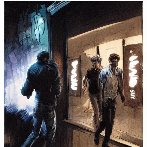 Prompt: a beautiful artwork of a man in jeans and white shirt entering a nightclub, by Jerome Opeña, smoky noir atmosphere theme featured on artstation