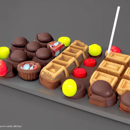 Prompt: a jello chocolate candy lollipop snickers bar icecream cake muffin jaffa waffle candy gummy jelly sandwich, volumetric lighting, octane render, unreal engine, 8k stroopwaffel