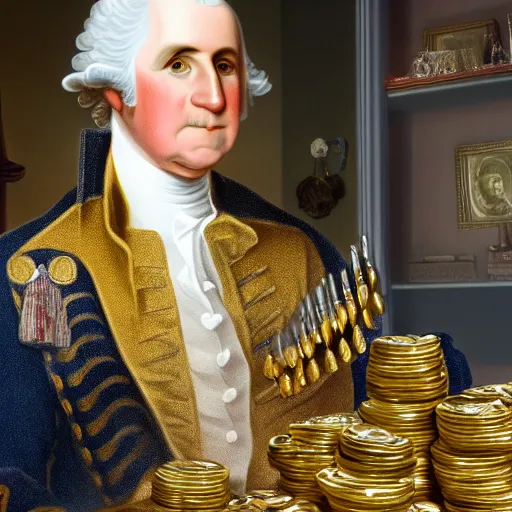 Image similar to a closeup photorealistic photograph of a happy George Washington inspecting small gold Doubloon coins at his home on Cherry Street. This 4K HD image is Trending on Artstation, featured on Behance, well-rendered, extra crisp, features intricate detail and the style of Unreal Engine.