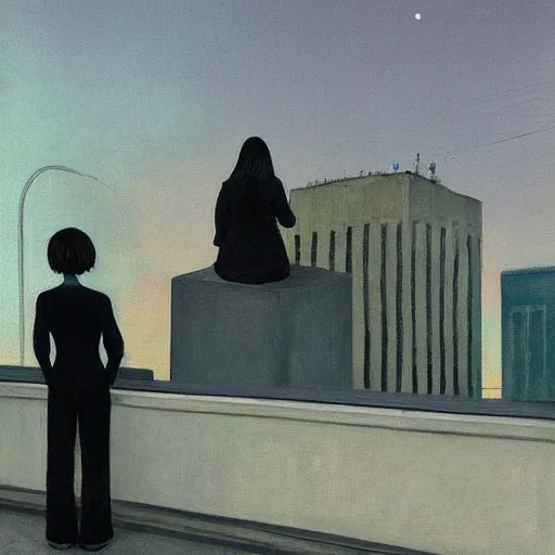 Prompt: a small rooftop with a girl and a skeleton sitting and watching the view, wearing moder clothes by ganni, modern shanghai bund is on the background, night, by edward hopper, by gregory crewdson