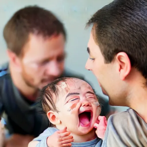 Image similar to A baby taking care of an adult, 2 people, realistic faces, crying person, rtx on