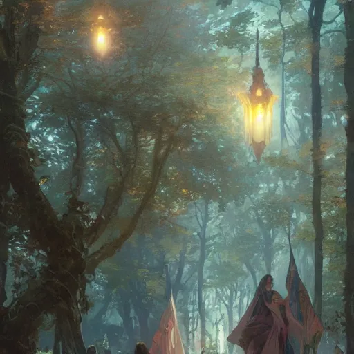 Image similar to Concept art, Sky lanterns by gingko trees, 8k, by james gurney, greg rutkowski, and john howe, background by alphonse mucha, artstation