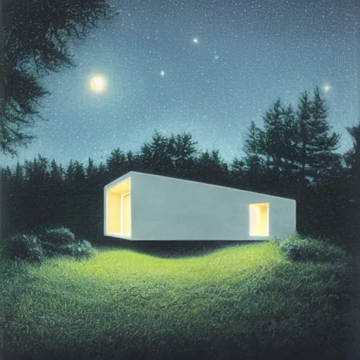 Image similar to atmospheric cozy futuristic organic white concrete house in the middle of a lush and dense forest at night, a beautiful lake next to it, night time, night sky, starry night sky, by Quint Buchholz