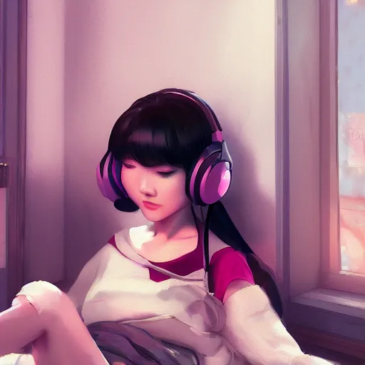 Prompt: lofi hiphop girl sitting in her room with headphones on by Wenqing Yan, WLOP, Zumidraws, OlchaS Logan cure, liang Xing ArtstationHD