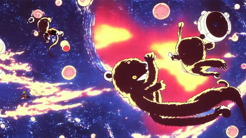 Image similar to monkey exploring space, anime film still from the an anime directed by katsuhiro otomo with art direction by salvador dali, wide lens