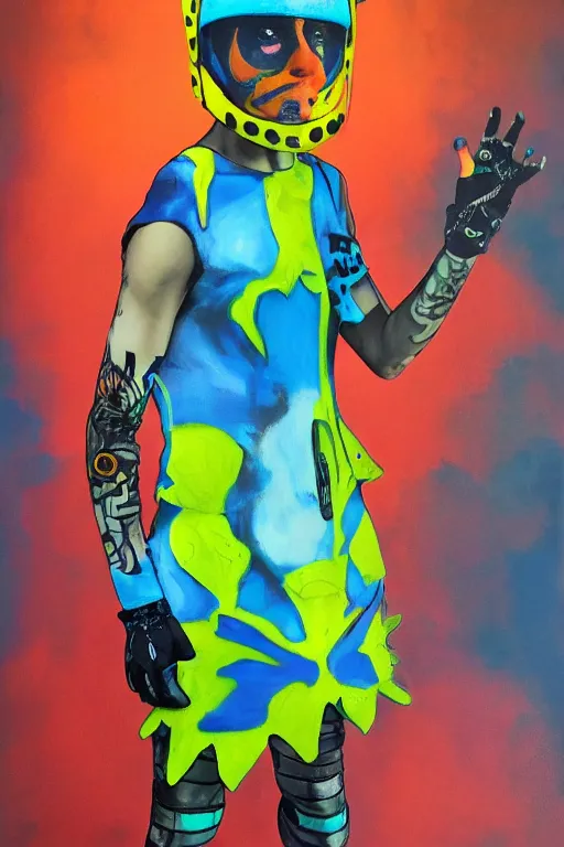 Prompt: a male character wearing a diy! costume dress, punk, with fluo colored details and a transparent helmet, full body, muted colors, vivienne westwood, nausicaa, hyper real acrylic painting