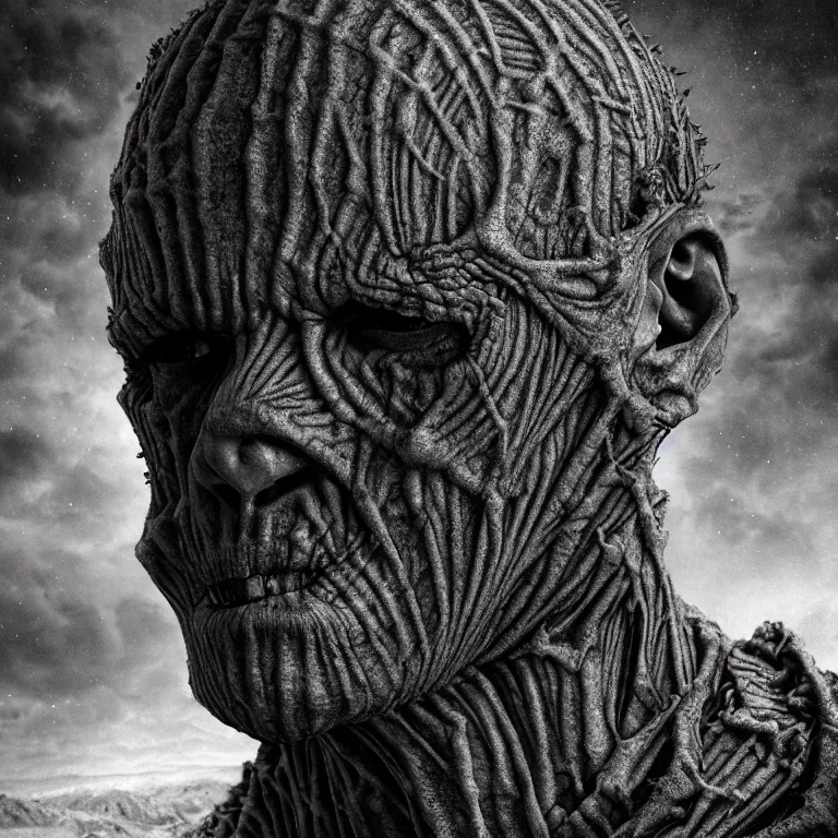 Image similar to ribbed man face portrait, baroque painting, standing in a desolate empty wasteland, creepy, nightmare, dream-like heavy atmosphere, surreal abandoned buildings, beautiful detailed intricate insanely detailed octane render trending on Artstation, 8K artistic photography, photorealistic, chiaroscuro, Raphael, Caravaggio, Beksinski, Giger