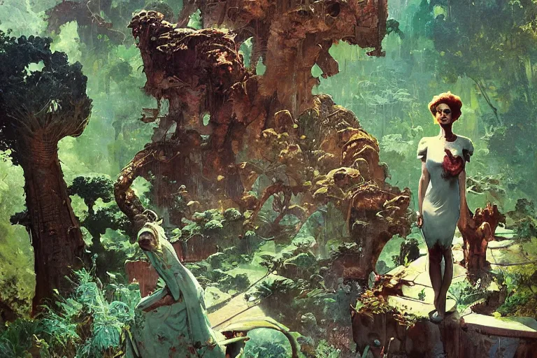 Image similar to pulp scifi illustration, elegant woman meets lizard alien in beautiful garden, flowers, baobab trees, distant town in valley and hills, spacehip lands, by norman rockwell, jack kirby, john berkey, bergey, craig mullins, ruan jia, raymond swanland, jeremy mann, beksinski, tom lovell, alex malveda, schomburg