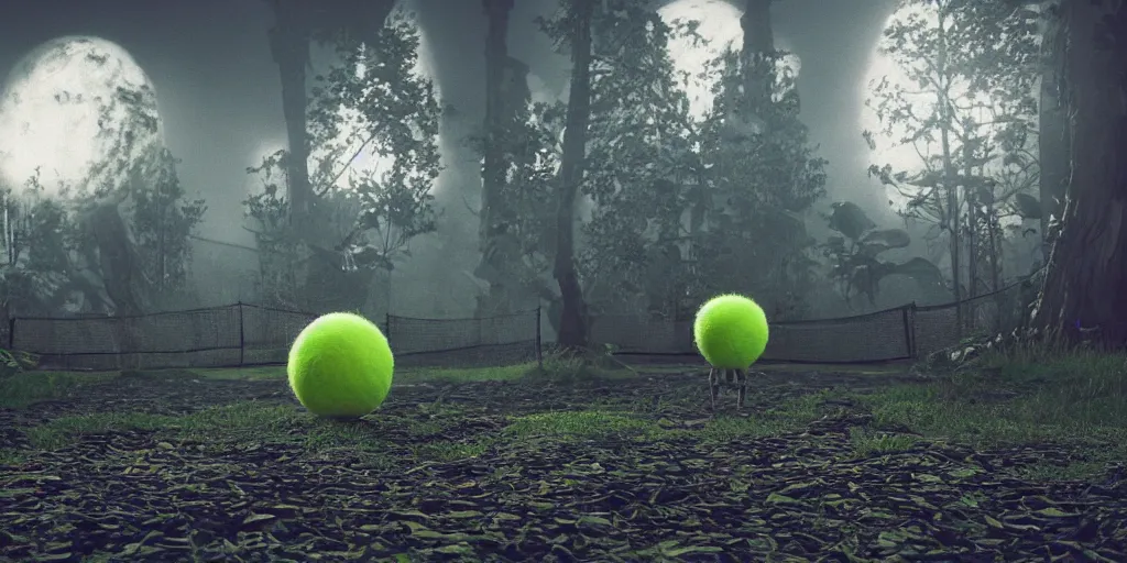 Image similar to a photo of 8 k ultra realistic giant tennis ball monster, tennis ball monsters, creepy, weird, funny, exotic, cinematic lighting, trending on artstation, 4 k, hyperrealistic, focused, high details, unreal engine 5, cinematic, alien planet atmosphere in background, 3 d render by basil gogos and beeple