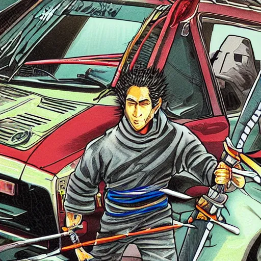 Image similar to beautiful hyper-detailed illustration of a ninja warrior with a sword, driving through the city, in a modified Nissan skyline r34