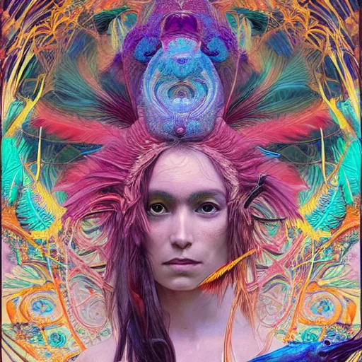 Image similar to A reality bending psychedelic ayahuasca experience, colorful, distorted, surreal, tropical bird feathers, dramatic lighting on the face, intricate, elegant, highly detailed, digital painting, concept art, smooth, sharp focus, illustration, art by Krenz Cushart and Wayne Barlowe and alphonse mucha