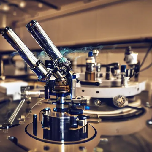 Prompt: optical instruments large table, scientific laboratory, extremely detailed optical lenses and devices diffracting lasers, photoreal, new equipment, analog nikon photo, smoke, dust particles in the air, dark ambience, bokeh, defocus