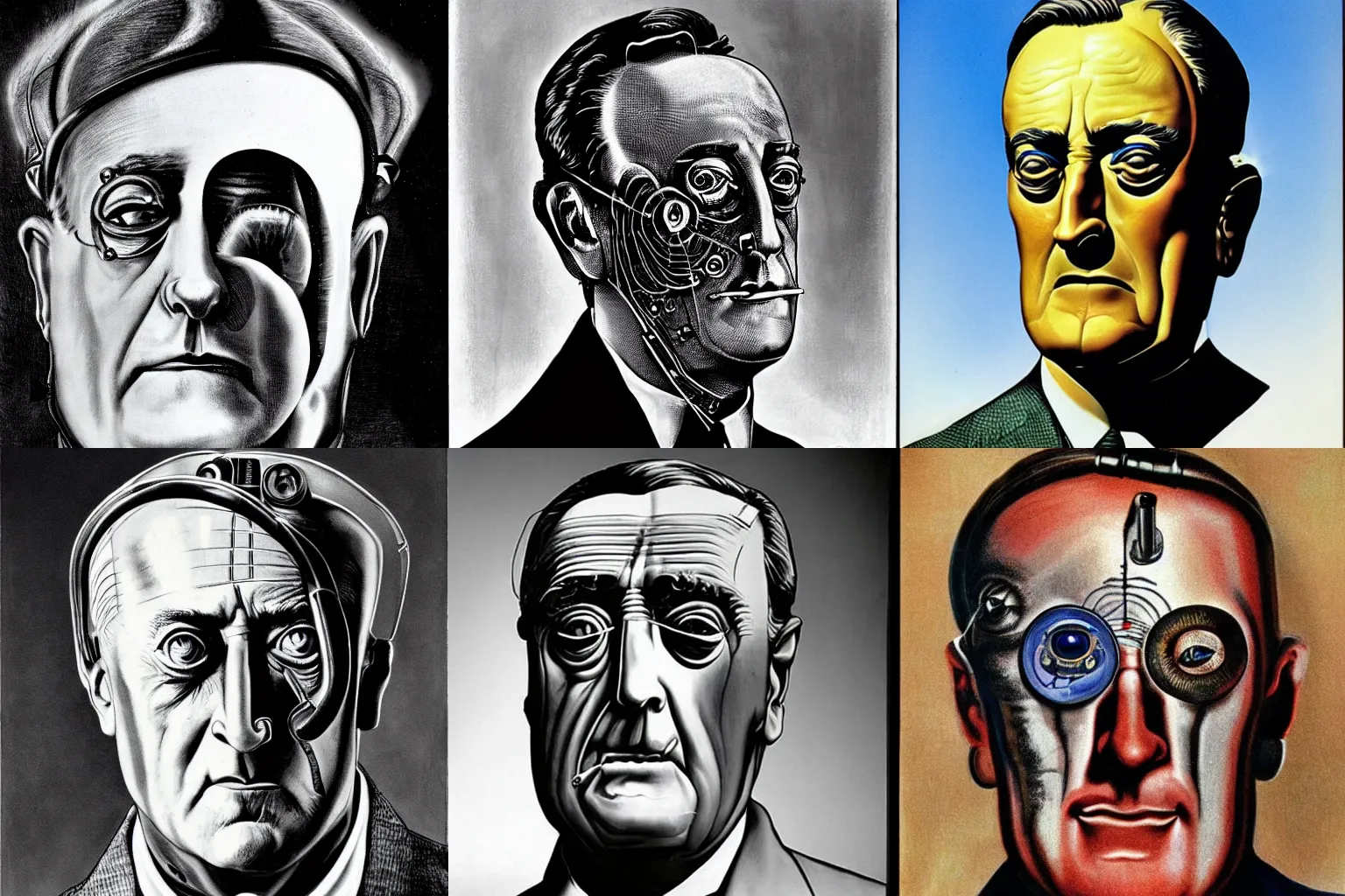 Prompt: Cyborg Franklin Delano Roosevelt with a half robotic face, portrait by Salvador Dali