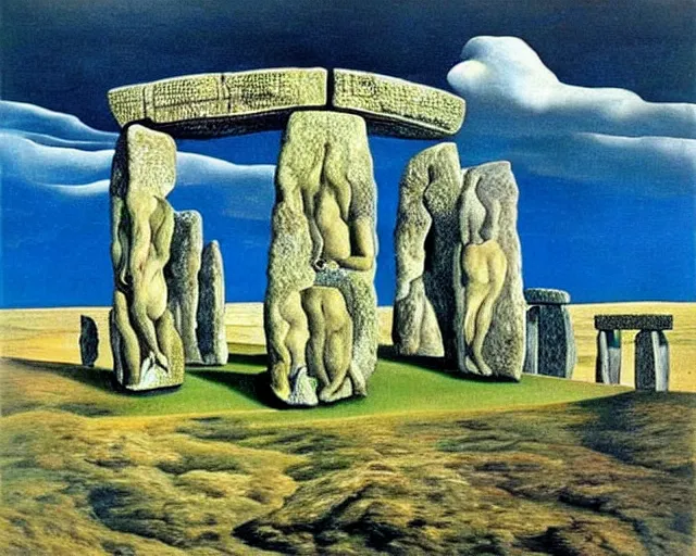 Image similar to surreal objects and actions. painting of Stonehenge by Salvador Dali. several layers of perspective. Manifestations of the subconscious. Cryptic symbolism. Many points of view. mind bending illusions of perception