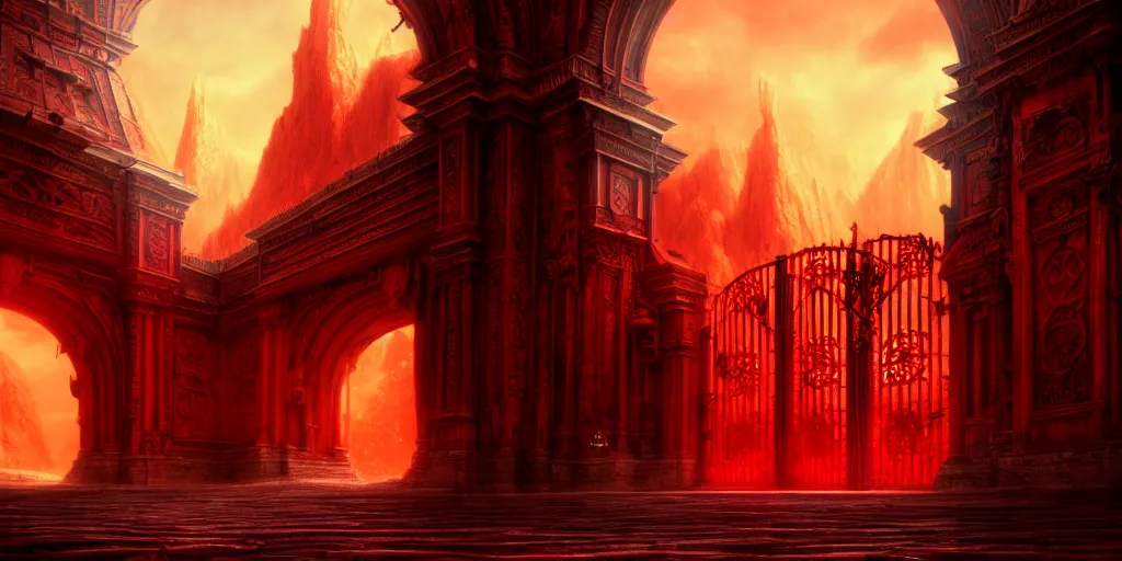 Image similar to huge gate, environment, illustration, red, colors, epic scene, symmetrical, golden raito, high quality, intricate details, details, intricate, atmosphere, highly detailed, matte painting, cinematic, deviantart, realistic, concept art, 4 k