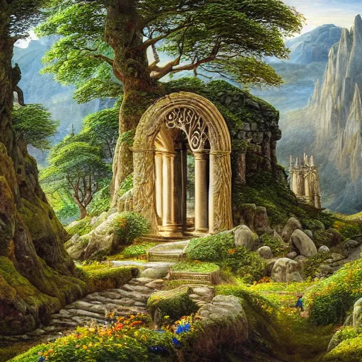 Prompt: a beautiful and highly detailed oil painting of an elven temple in the mountains, detailed trees and cliffs, grass and flowers, intricate details, epic scale, insanely complex, 8 k, sharp focus, hyper realism, by caspar friedrich,